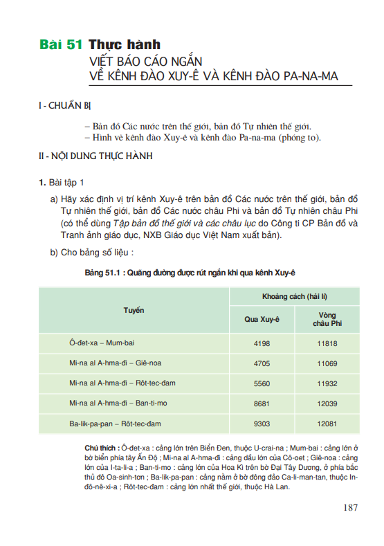 Bài 51: Thực hành ; Viết báo cáo ngắn về kênh đào Xuy-ê và kênh đào Pa-na-ma