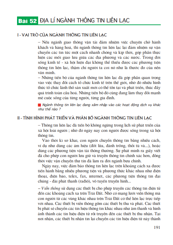 Bài 52: Địa lí ngành thông tin liên lạc