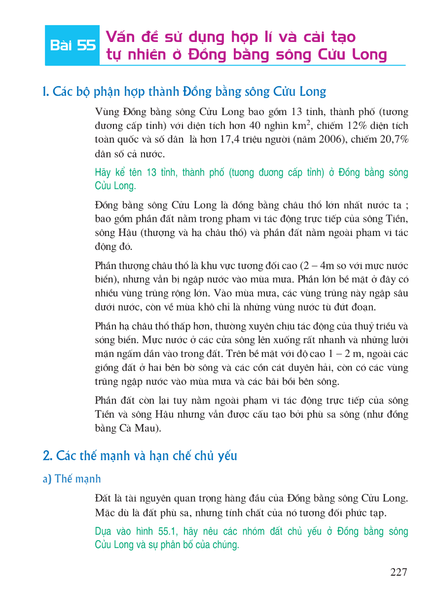 Bài 55: Vấn Đề Sử Dụng Hợp Lí Và Cải Tạo Tự Nhiên Ở Đồng Bằng Sông Cửu Long
