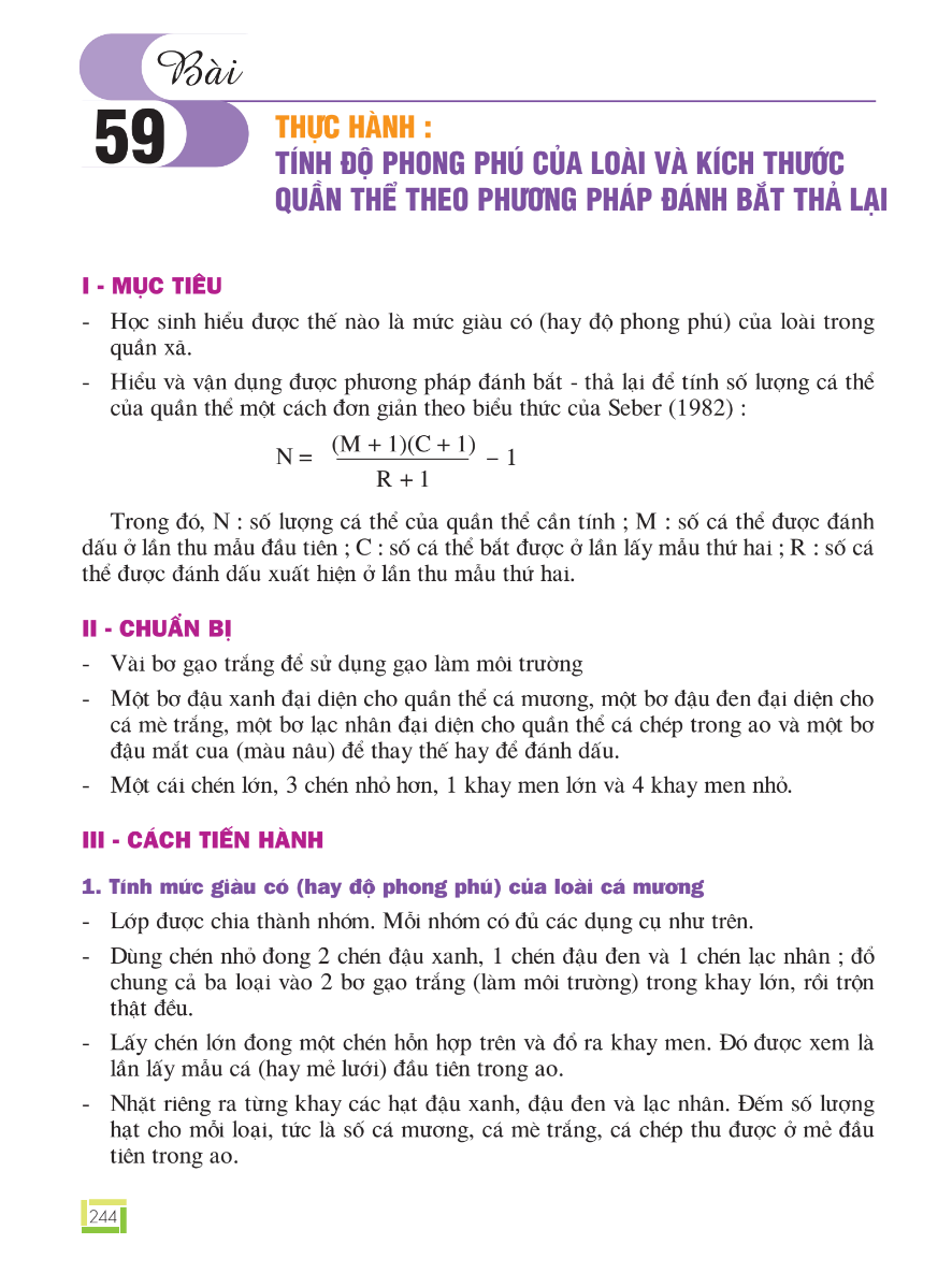 Bài 59: Thực Hành: Tính Độ Phong Phú Của Loài Và Kích Thước Quần Thể Theo Phương Pháp Đánh Bắt Thả Lại
