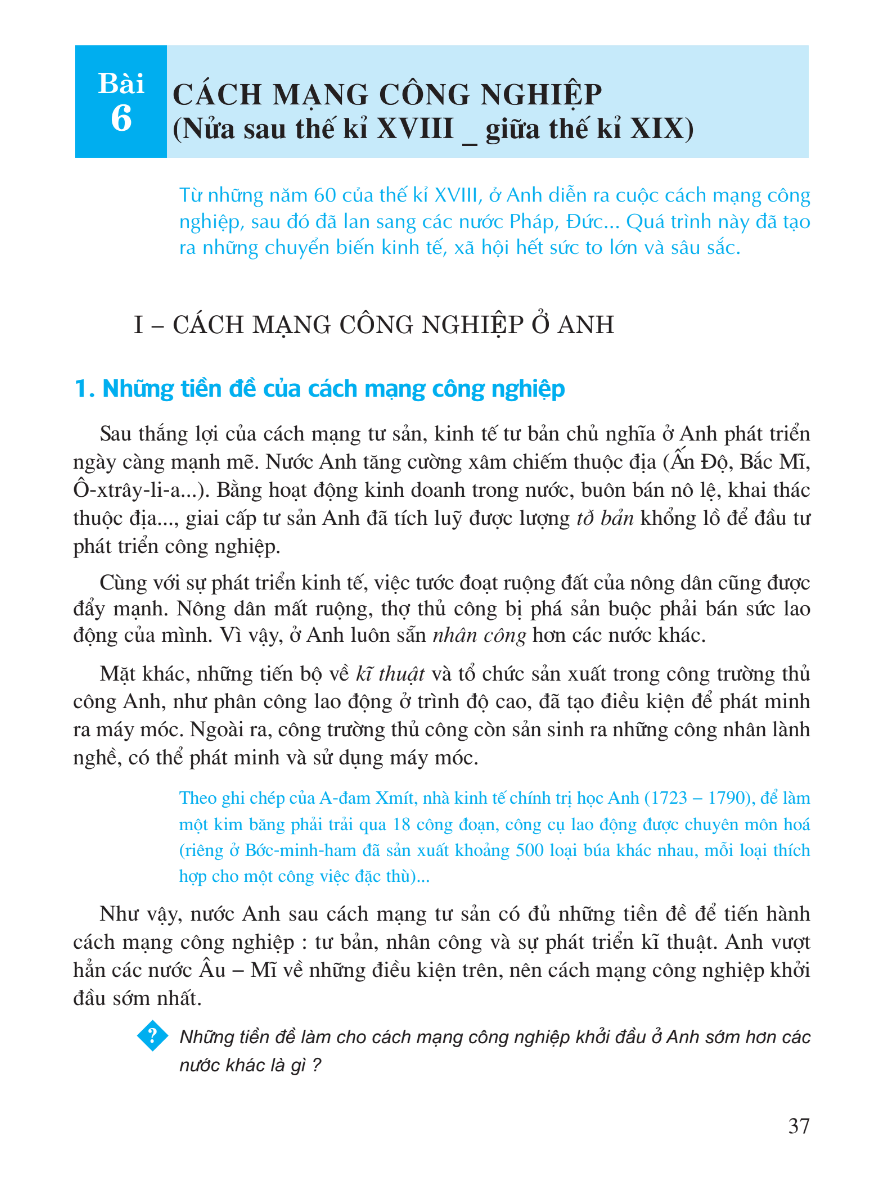 Bài 6: Cách Mạng Công Nghiệp (Nửa Sau Thế Kỉ XVIII - Giữa Thế Kỉ XIX)