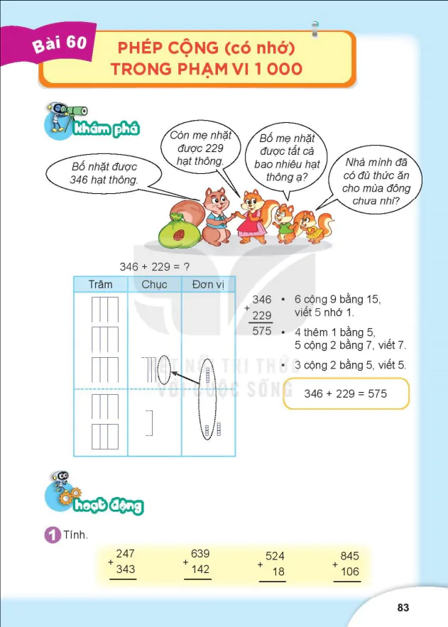 BÀI 60: PHÉP CỘNG (có nhớ) TRONG PHẠM VI 1 000