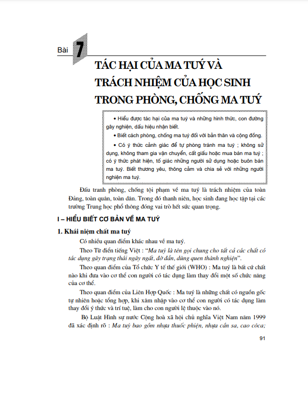 Bài 7: Tác hại của ma túy và trách nghiệm của học sinh trong phòng, chống ma túy