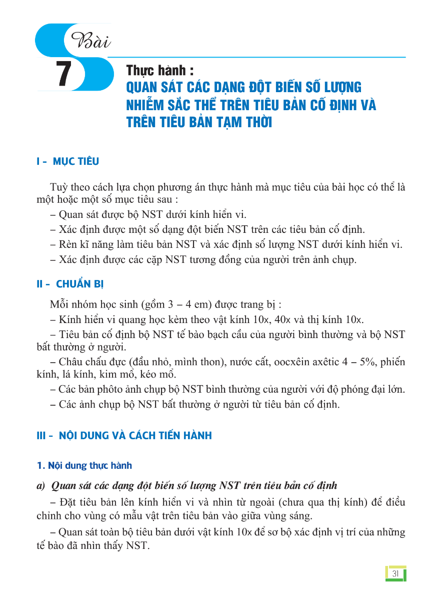 Bài 7: Thực Hành: Quan Sát Các Dạng Đột Biến Số Lượng Nhiễm Sắc Thể Trên Tiêu Bản Cố Định Và Trên Tiêu Bản Tạm Thời