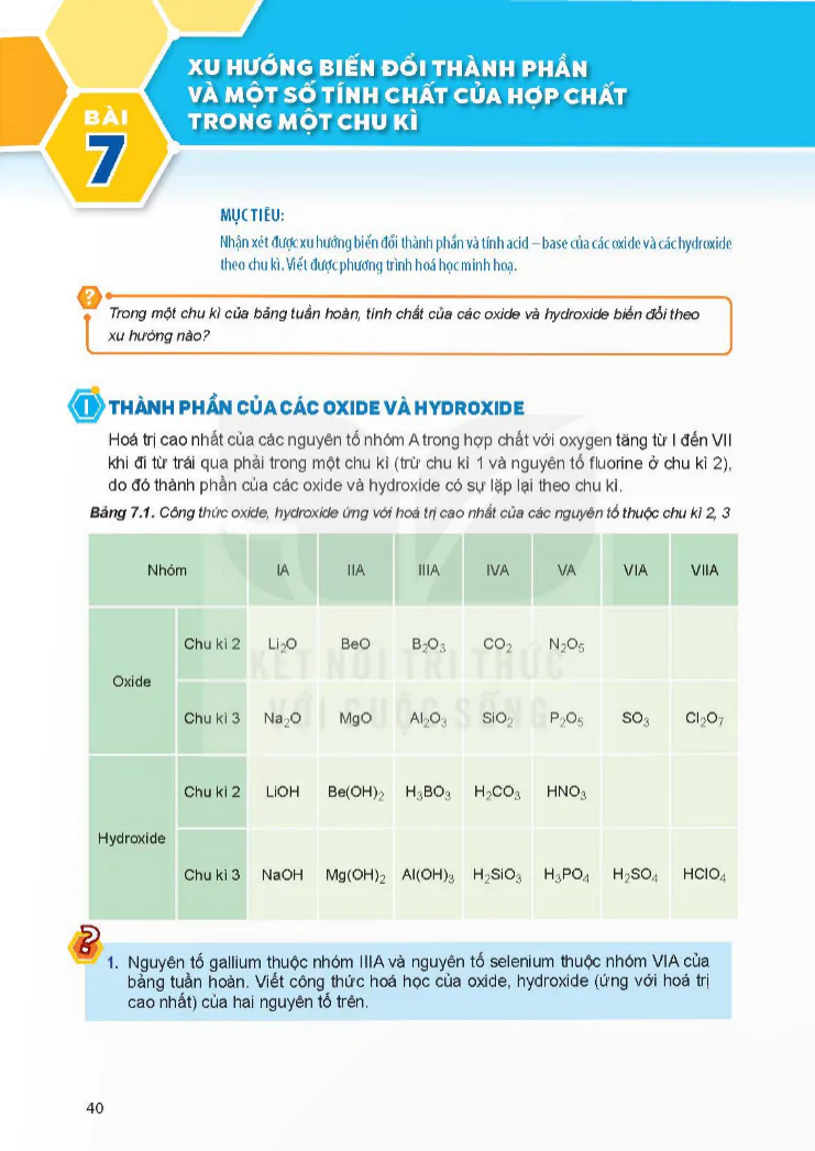Bài 7: Xu hướng biến đổi thành phần và một số tính chất của hợp chất trong một chu kì