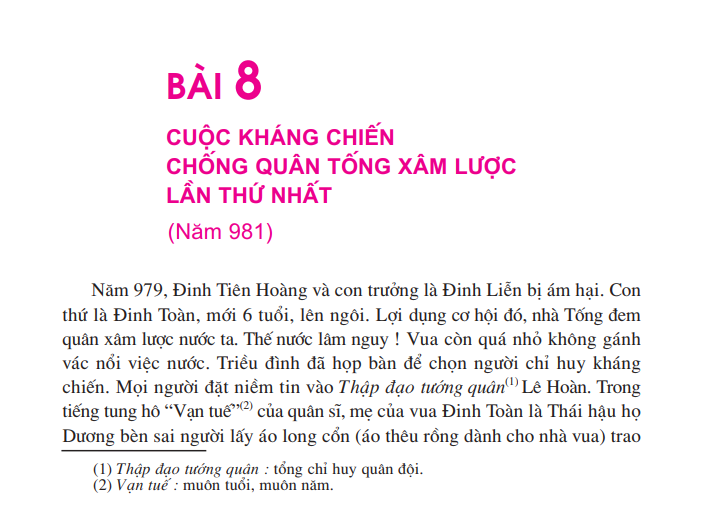 Bài 8: Cuộc kháng chiến chống quân Tống xâm lược lần thứ nhất (Năm 981)