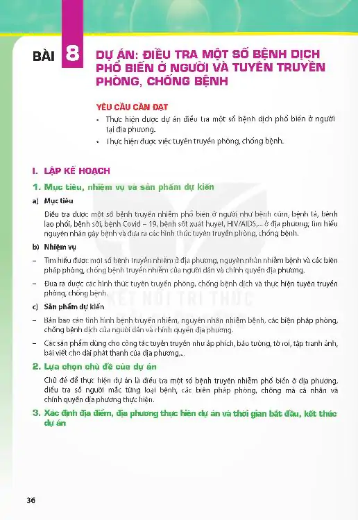 Bài 8: Dự Án: Điều Tra Một Số Bệnh Dịch Phổ Biến Ở Người Và Tuyên Truyền Phòng, Chống Bệnh