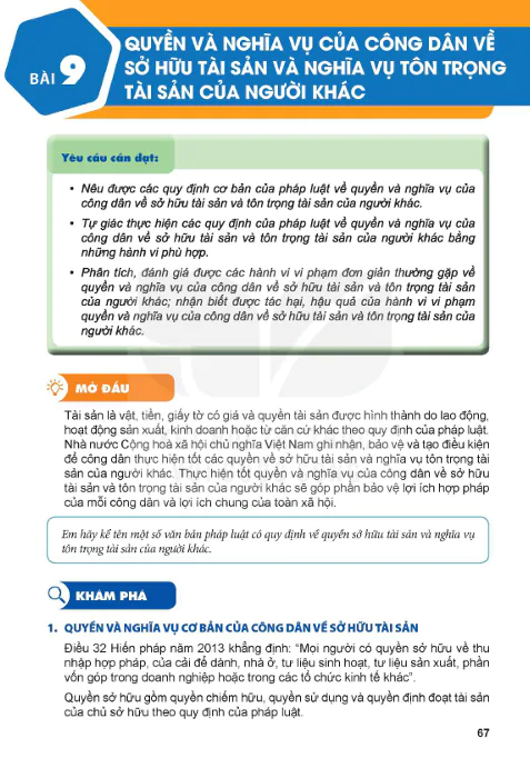 BÀI 9: QUYỀN VÀ NGHĨA VỤ CỦA CÔNG DÂN VỀ SỞ HỮU TÀI SẢN VÀ NGHĨA VỤ TÔN TRỌNG TÀI SẢN CỦA NGƯỜI KHÁC