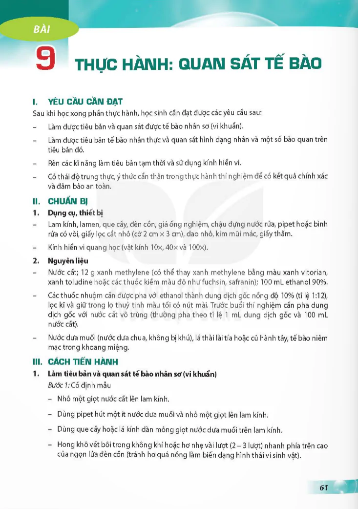 Bài 9: Thực hành quan sát tế bào