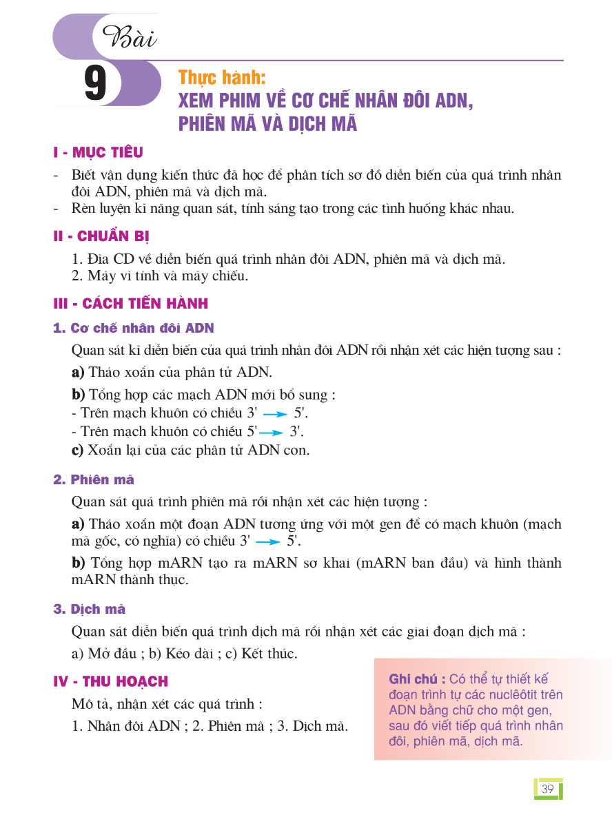 Bài 9: Thực Hành: Xem Phim Về Cơ Chế Nhân Đôi ADN, Phiên Mã Và Dịch Mã