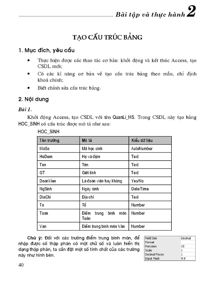 Bài Tập Và Thực Hành 2: Tạo Cấu Trúc Bảng