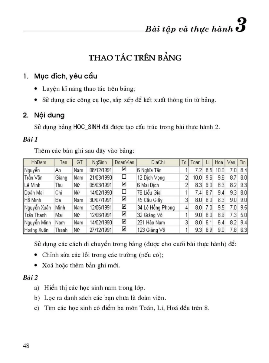 Bài Tập Và Thực Hành 3: Thao Tác Trên Bảng