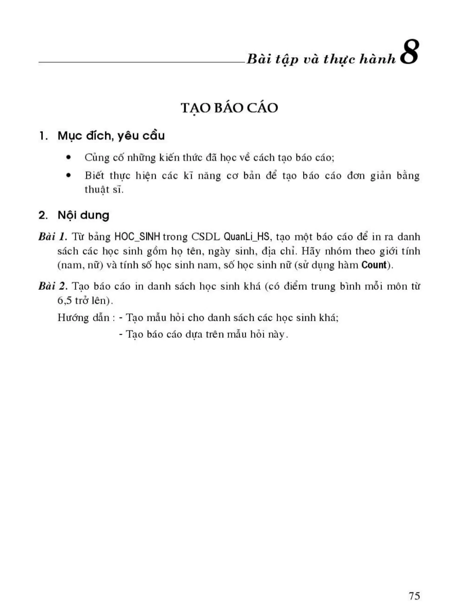 Bài Tập Và Thực Hành 8: Tạo Báo Cáo
