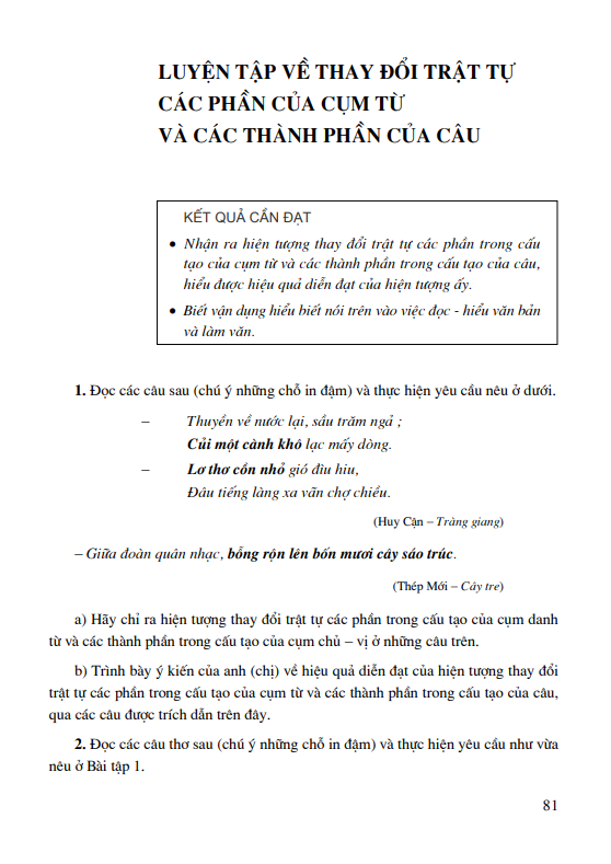 Luyện tập về thay đổi trật tự các phần của cụm từ và các thành phần của câu
