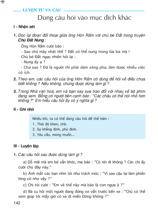 Luyện từ và câu : Dùng câu hỏi vào mục đích khác