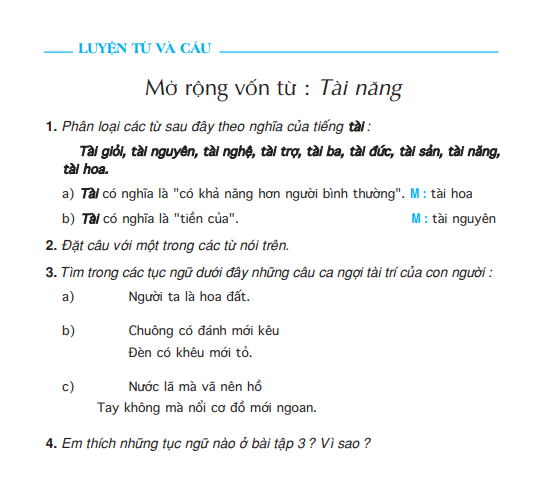 Luyện từ và câu : Mở rộng vốn từ : Tài năng