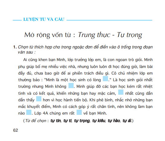 Luyện từ và câu: Mở rộng vốn từ : Trung thực - Tự trọng