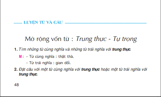 Luyện từ và câu: Mở rộng vốn từ: Trung thực - Tự trọng