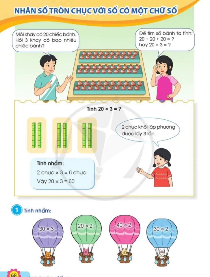 Nhân số tròn chục với số có một chữ số