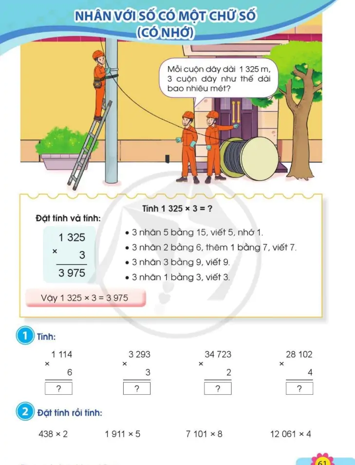 Nhân với số có một chữ số (có nhớ)