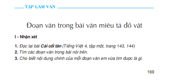 Tập làm văn: Đoạn văn trong bài văn miêu tả đồ vật.