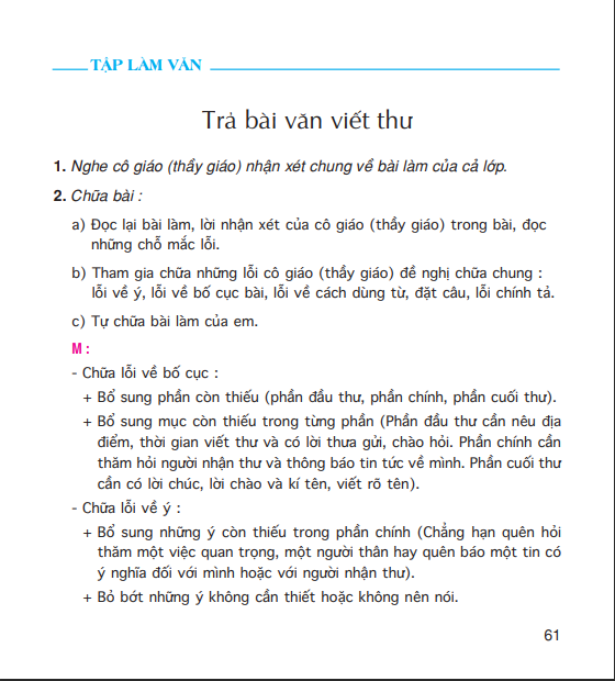 Tập làm văn: Trả bài văn viết thư